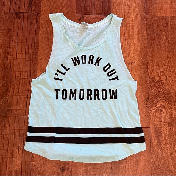 PINK by Victoria’s Secret “I’ll work out tomorrow” frayed tank top Sz Small - Picture 1 of 6
